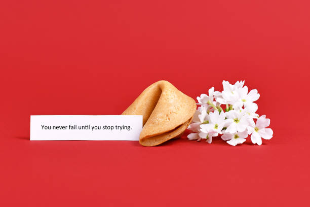 Text 'You never fail until you stop trying' next to fortune cookie and flowers stock photo