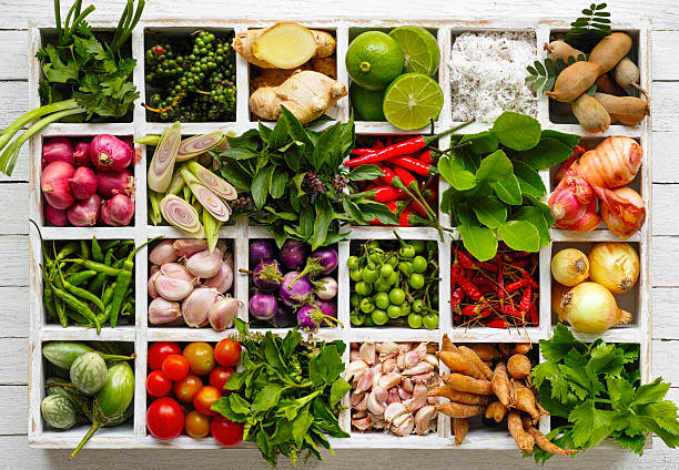 Main market fresh Thai food herbs and spice ingredients in a colorful arrangement in an old vintage wooden compartment tray on an old wooden table. Ingredients include lemongrass, kaffir lime leaves, galangal, finger root, dried and fresh chili peppers, Thai aubergines, garlic, coriander, holy basil, sweet basil, tamarind, peppercorns, spring onion, onion, tomato, lime and coconut.
