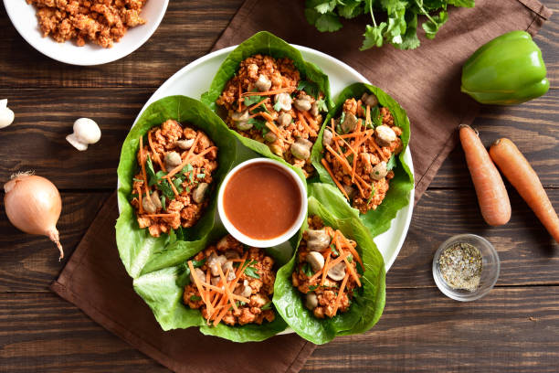 Thai style minced meat lettuce cups stock photo