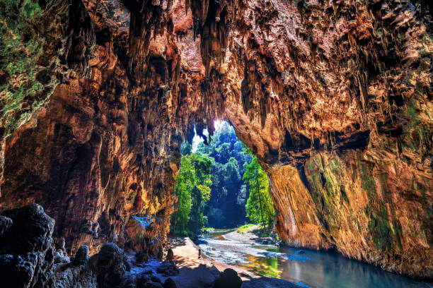 Tham Lod cave in Mae Hong Son, Thailand. stock photo