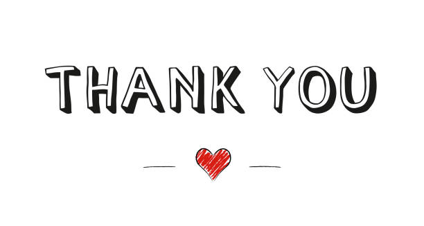 Thank you handwritten text with cute little red doodle heart stock photo