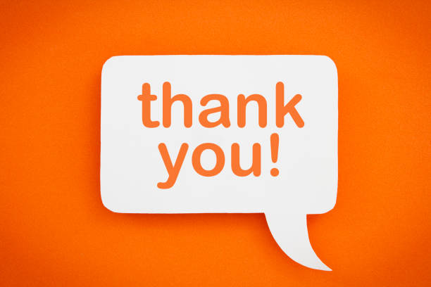 Thank you! Thank you written in a white speech bubble, on an orange background. thank you phrase stock pictures, royalty-free photos & images