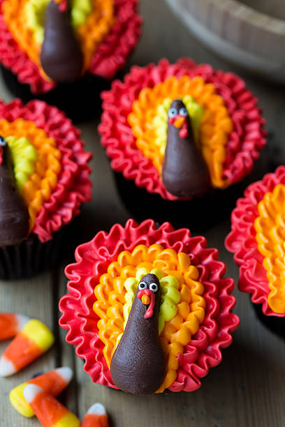 Thanksgiving cupcakes Cupcakes decorated with buttercream turkeys turkey cupcake stock pictures, royalty-free photos & images