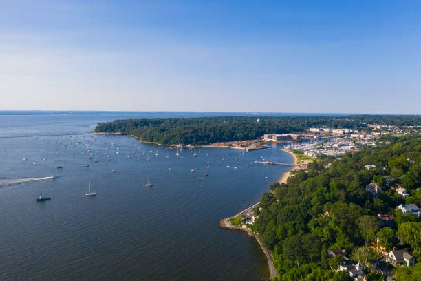 The aerial scenic view on Manhasset Bay, Long Island, New York New York State, Port Washington - New York State, City, Cityscape, Long Island bay of water stock pictures, royalty-free photos & images