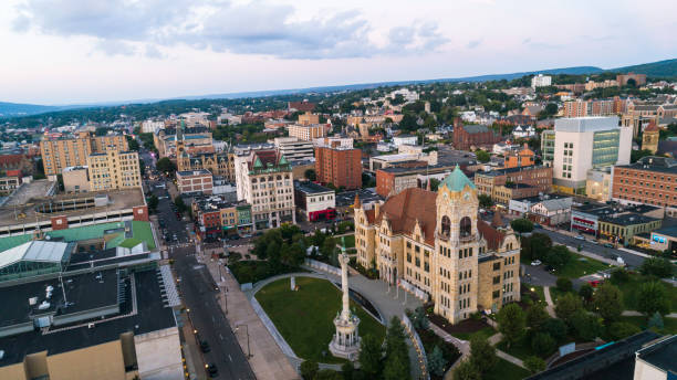 The aerial view of the City Hall and Downtown District of Scranton at sunset. Pennsylvania, USA stock photo