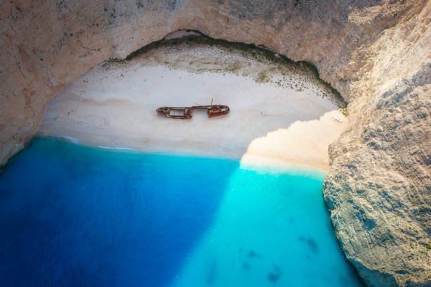 The amazing Navagio beach in Zante, Greece, with the famous wrecked ship stock photo
