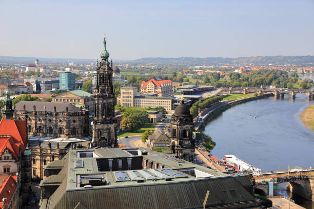 The ancient city of Dresden - aerial view. Saxony, Germany, Europe. Dresden is the capital city of the German state of Saxony and its second most populous city, after Leipzig. It is the 12th most populous city of Germany, the fourth largest by area, and the third most populous city in the area of former East Germany. bruehl stock pictures, royalty-free photos & images