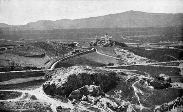 The Areopagus in Athens, Greece - 19th Century High angle view of the Areopagus in Athens, Greece. Vintage halftone photo circa late 19th century. ares god of war stock pictures, royalty-free photos & images
