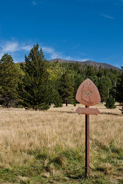 Sign on the Arizona Trail The Arizona National Scenic Trail runs 800 miles from the Mexico border in the south to the Utah border in the north.  This sign is at the Bismarck Lake junction on Hart Prairie in the Coconino National Forest near Flagstaff, Arizona, USA. jeff goulden route 66 stock pictures, royalty-free photos & images