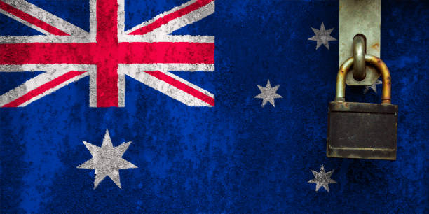 The Australian flag is in texture. Template. Coronavirus pandemic. Countries are closed. Locks. stock photo