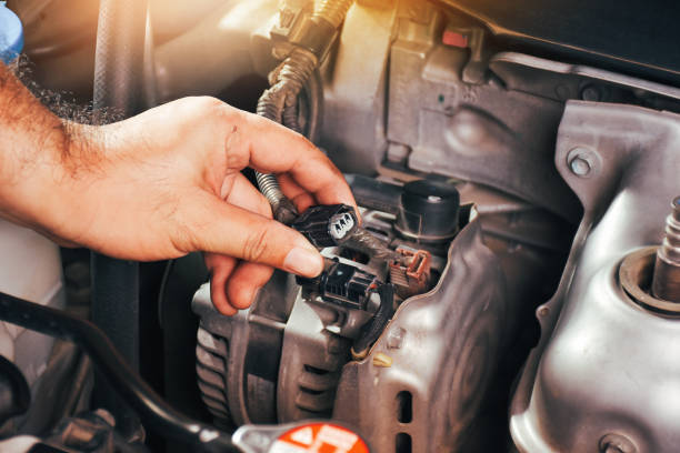 The auto mechanic hand is grasping the car alternator charger plug stock photo