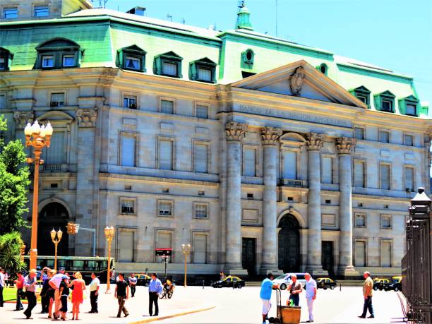 The Bank of the Argentine Nation (Casa Central del Banco de la Nación Argentina).The Plaza de Mayo (May Square) in Buenos Aires city. stock photo