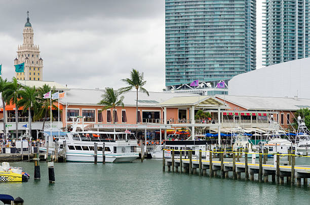 The Bayside Marketplace in downtown Miami and skyscrapers stock photo