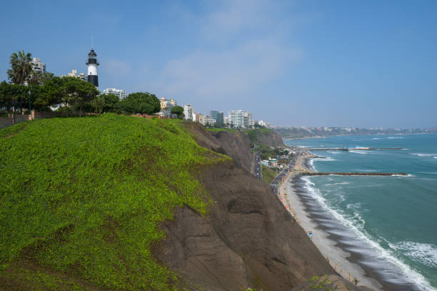 The beautiful green cliffs of the Costa Verde in the Miraflores district of Lima stock photo