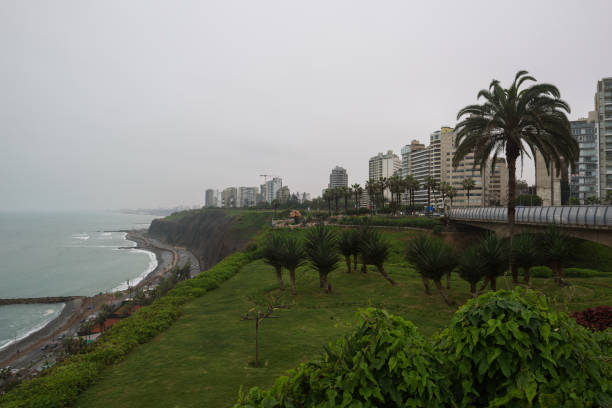 The beautiful green cliffs of the Costa Verde in the Miraflores district of Lima stock photo