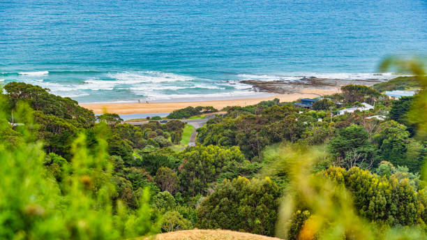 The beautiful village of Apollo Bay and it's beaches located at the foothills of the Otways. stock photo