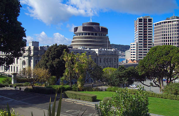 The Beehive, Parliament building, Wellington, New Zealand stock photo