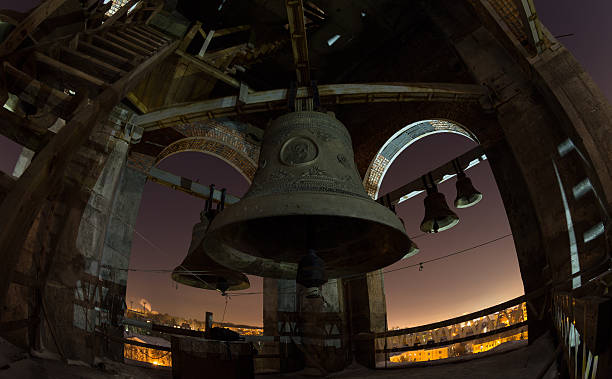 The bells and belfry, night view at the full moon Night view at the full moon of the bells at the Cathedrals' belfry in Penza, Russia bell tower tower stock pictures, royalty-free photos & images