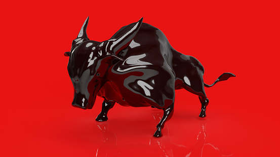 black bull on red background for business concept 3d rendering