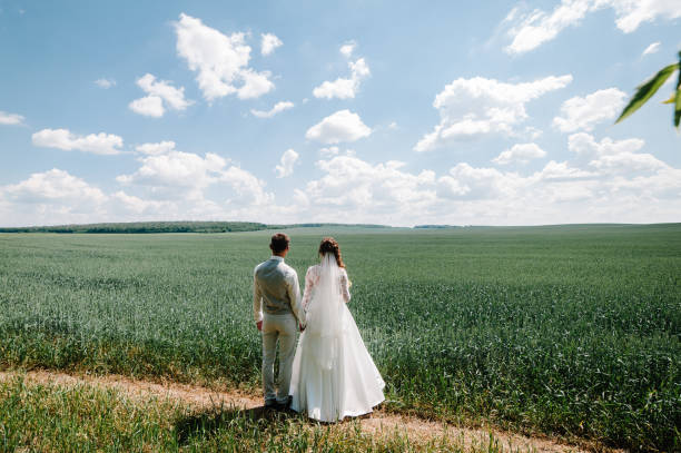 The bride and groom with a wedding bouquet, holding on hands and standing back looking on mountains. stock photo