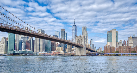 The Brooklyn Bridge and downtown Manhattan skyline as Seen from the DUMBO Area of Brooklyn New York City