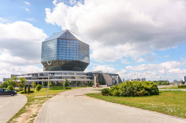 The building of the National library in Minsk, Belarus The building of the National library in Minsk, Belarus. Huge glass diamond design, summer day minsk stock pictures, royalty-free photos & images