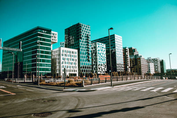 The Buildings Of Bjørvika Barcode In Downtown Oslo, Norway stock photo