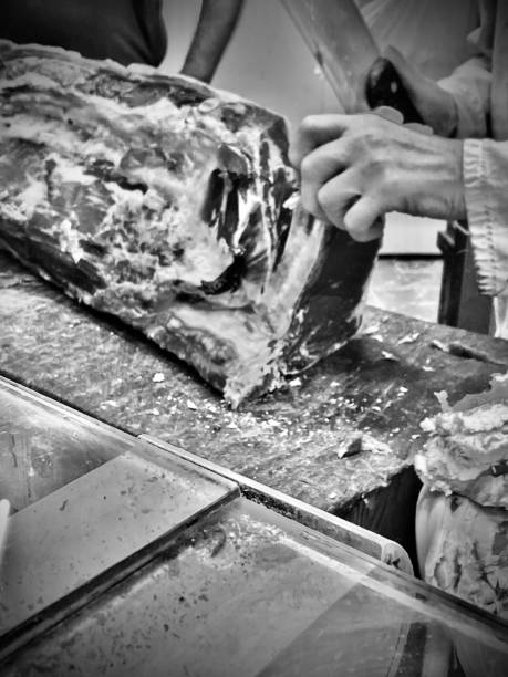 the butcher’s meat chop - black & white insta print technique stock photo