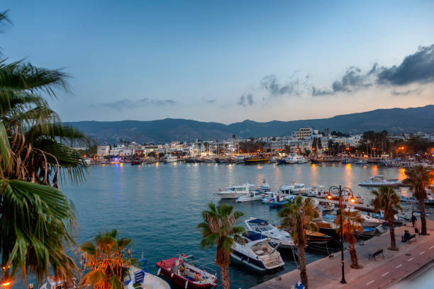 The capital of the island of Kos, Greece, view of the city and marina at sunset, a popular destination for travel in Europe stock photo
