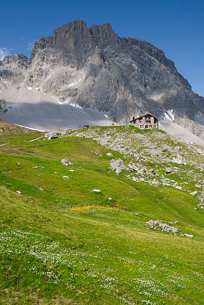 The Carschina mountain hut in front of the Mount Sulzfluh stock photo