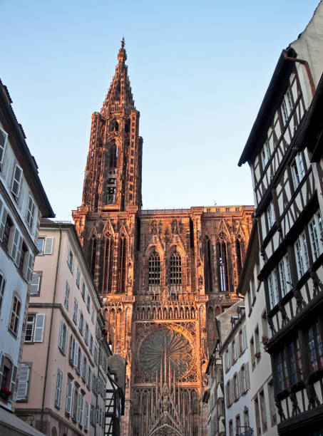 The Cathedral Notre-Dame de Strasbourg Strasbourg, France - July 4, 2017: Facade of the Cathedral Notre-Dame de Strasbourg, view from the street Rue de Mercière. notre dame de strasbourg stock pictures, royalty-free photos & images
