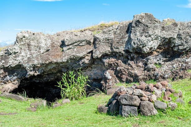 The cave Ana Akahanga, Easter Island, Chile. stock photo