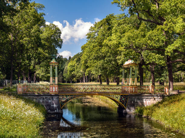Photo of The Chinese bridge over the canal in the Alexander Park in Tsarskoye Selo in summer on a sunny, clear day