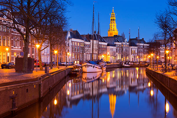 The city of Groningen, The Netherlands with A-kerk at night stock photo