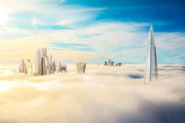 The City of London Future Development, The Shard and Canary Wharf Above the Clouds A composite / hypothetical computer photoshop image of the City of London, The Shard and Canary Wharf above the clouds including possible future development. canary wharf stock pictures, royalty-free photos & images