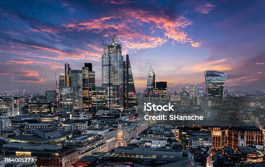 istock The City of London just after sunset, United Kingdom 1164005273