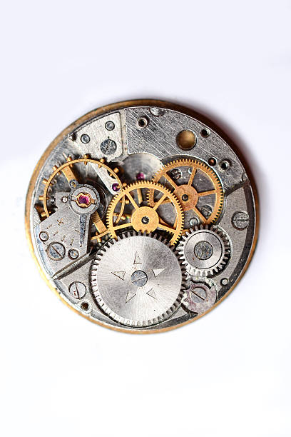 the clock mechanism on a white background - kugghjul maskindel bildbanksfoton och bilder