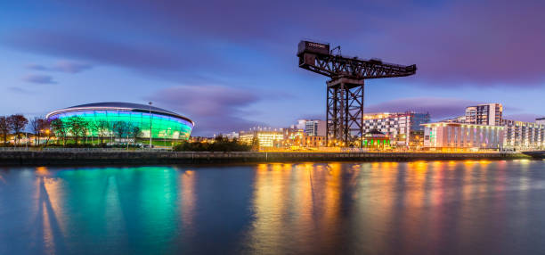 The Clydeport and Glasgow Skyline at Night stock photo