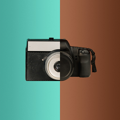 The collage from new and old cameras. The concept of old and new technologies