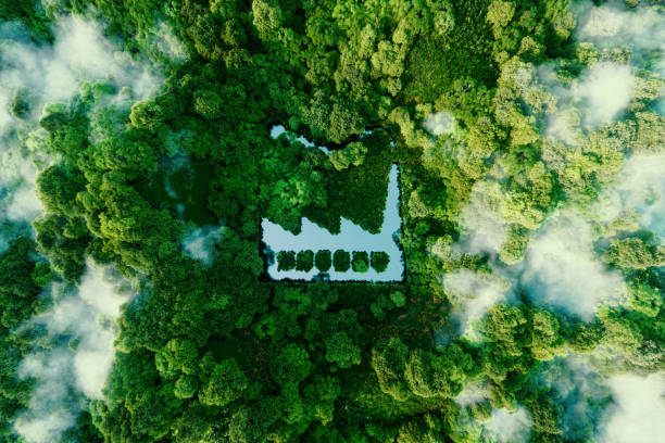 The concept of environmentally friendly production. A pond shaped like a factory in the middle of a lush forest. 3d rendering. The concept of environmentally friendly production. A pond shaped like a factory in the middle of a lush forest. 3d rendering. climate action stock pictures, royalty-free photos & images