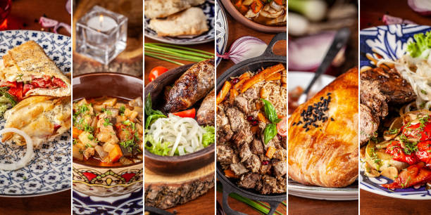 The concept of Traditional Eastern, Asian. Arabic cuisine. Seth from different dishes. background image. stock photo
