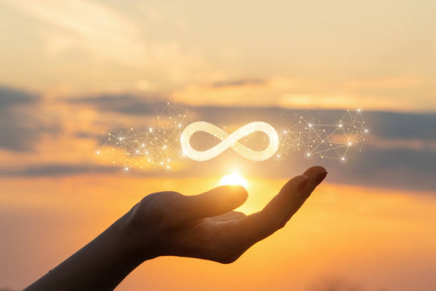 The concept of unlimited Internet. The concept of unlimited Internet. Hand shows the sign of infinity in the sun. eternity stock pictures, royalty-free photos & images