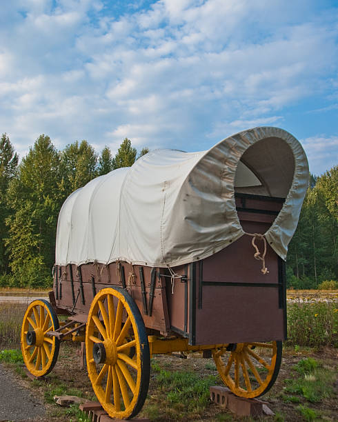 Replica of a Covered Wagon The Conestoga Wagon is a heavy covered wagon that was used extensively during the late 1800’s and early 1900’s to transport goods in the eastern United States and Canada. It was large enough to transport loads up to six tons, and could be drawn by horses, mules or oxen. Conestoga wagons were not typically not used in the westward expansion because true Conestoga wagons were too heavy for the prairies. Wagons used for the westward wagon trains were usually ordinary farm wagons fitted with canvas covers. This replica of a Conestoga wagon was photographed in Saint Regis, Montana, USA. jeff goulden montana stock pictures, royalty-free photos & images