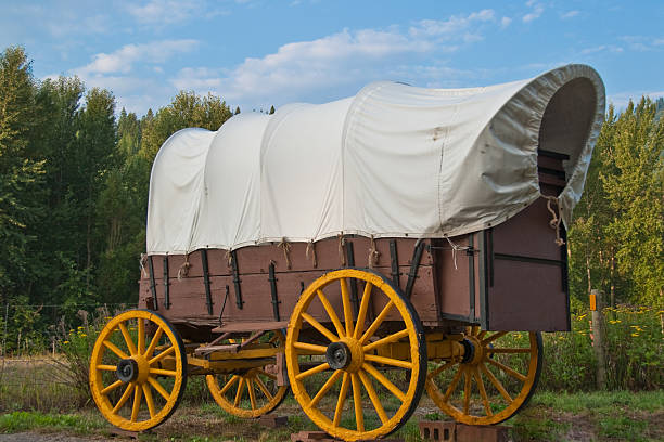Replica of a Covered Wagon The Conestoga Wagon is a heavy covered wagon that was used extensively during the late 1800’s and early 1900’s to transport goods in the eastern United States and Canada. It was large enough to transport loads up to six tons, and could be drawn by horses, mules or oxen. Conestoga wagons were not typically not used in the westward expansion because true Conestoga wagons were too heavy for the prairies. Wagons used for the westward wagon trains were usually ordinary farm wagons fitted with canvas covers. This replica of a Conestoga wagon was photographed in Saint Regis, Montana, USA. jeff goulden montana stock pictures, royalty-free photos & images