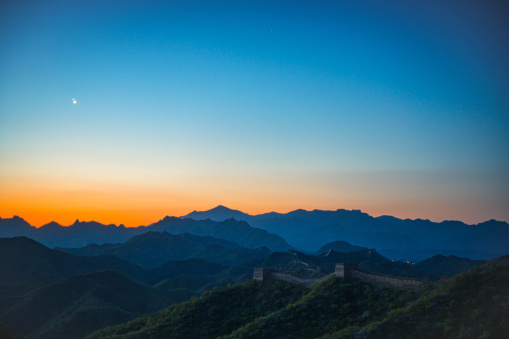 The conjunction of Venus and Jupiter,May 1, 2022, panlongling Great Wall in Beijing, China.