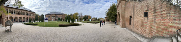 The courtyard of Mogosoaia Palace panorama, Romania stock photo
