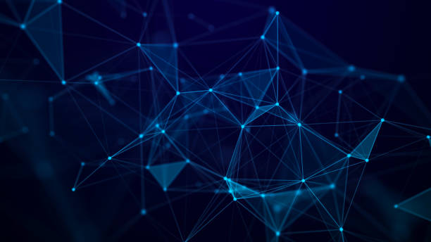 The distribution of triangular shapes in space. Network connection structure. Big data digital background. 3D rendering. stock photo