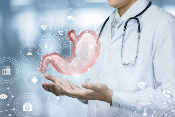 The doctor shows the patient stomach on blurred background. stock photo