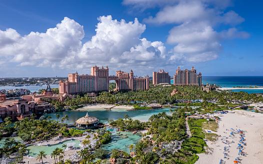 Nassau, Bahamas- December 16,2021: The drone aerial view of Atlantis hotel at Paradise Island, Nassau, Bahamas.
