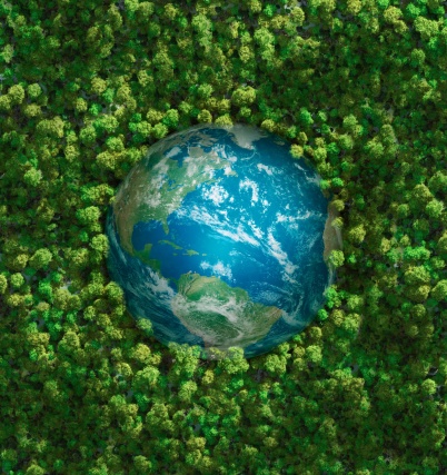 Ecology concept: aerial view of the earth surrounded by a  healthy forest. Computer generated. Subtle grain texture added. Earth's maps courtesy of http://www.shadedrelief.com
